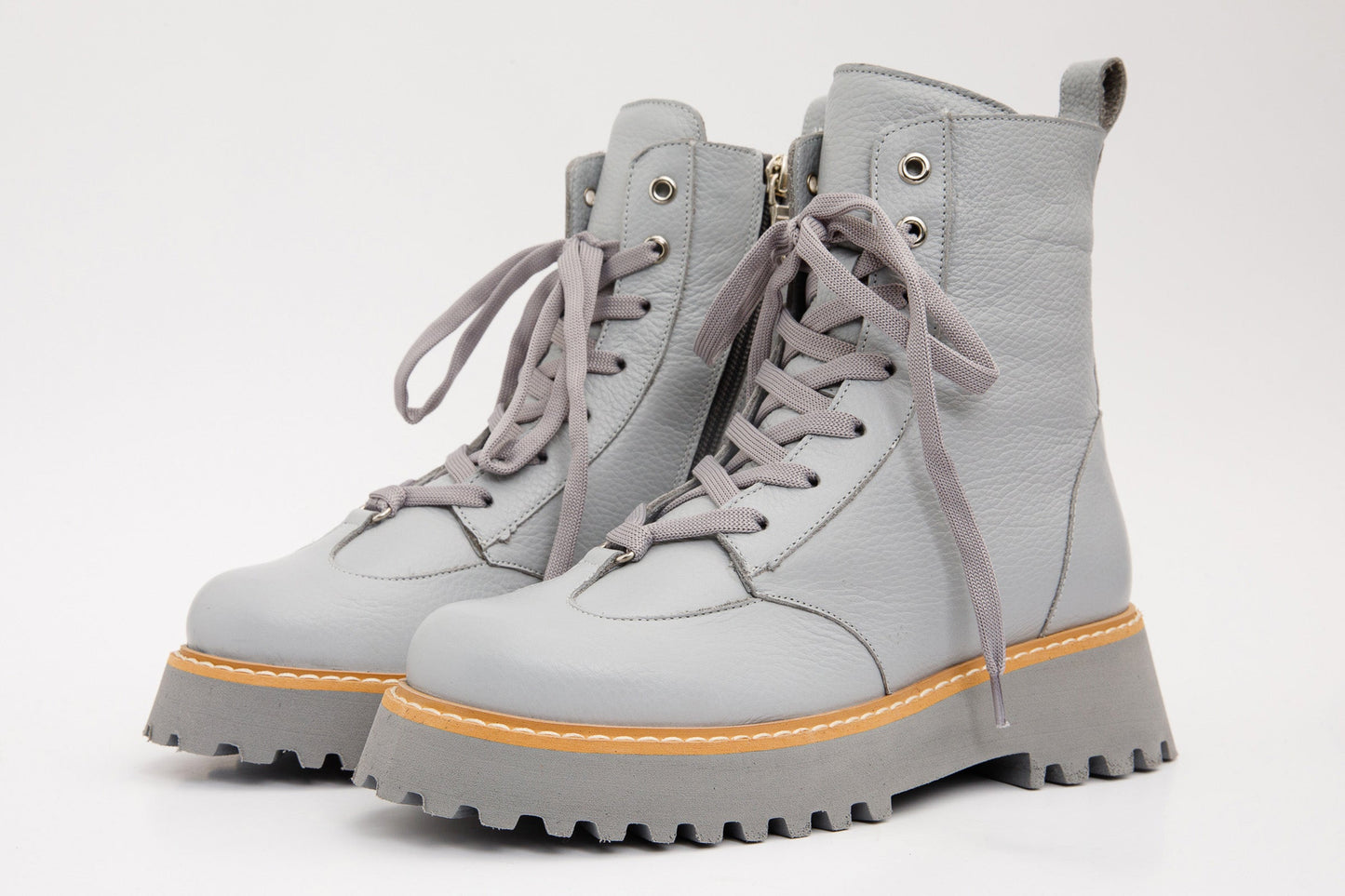 The Yildiz Gray Leather Lace-Up Ankle Women Boot With a Side Zipper