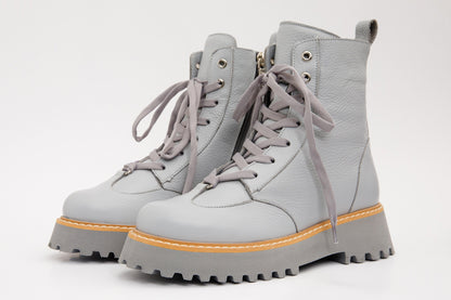 The Yildiz Gray Leather Lace-Up Ankle Women Boot With a Side Zipper