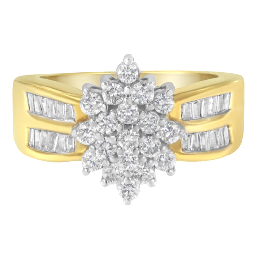 Anillo llamativo de oro amarillo de 10K con racimo floral de diamantes redondos y baguette de 1.0 Cttw, doble canal y banda acampanada (color H-I, claridad SI2-I1) - Talla 6-1/2