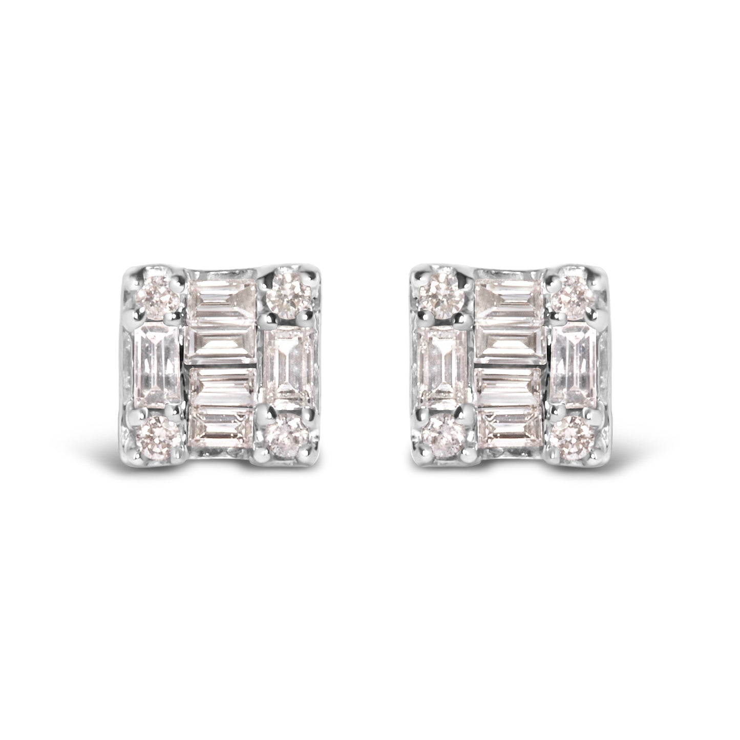Pendientes de oro blanco de 10K con mosaico cuadrado de diamantes redondos y de baguette de 1/7 Cttw (color H-I, claridad I1-I2)