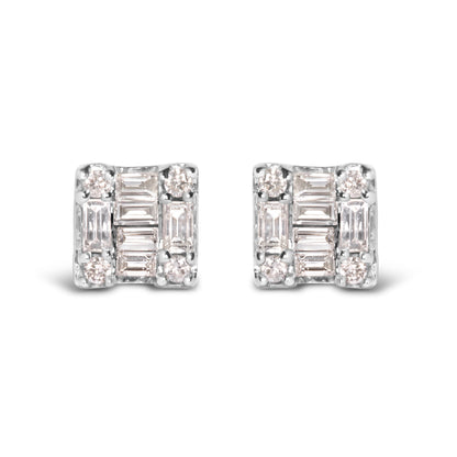 Pendientes de oro blanco de 10K con mosaico cuadrado de diamantes redondos y de baguette de 1/7 Cttw (color H-I, claridad I1-I2)