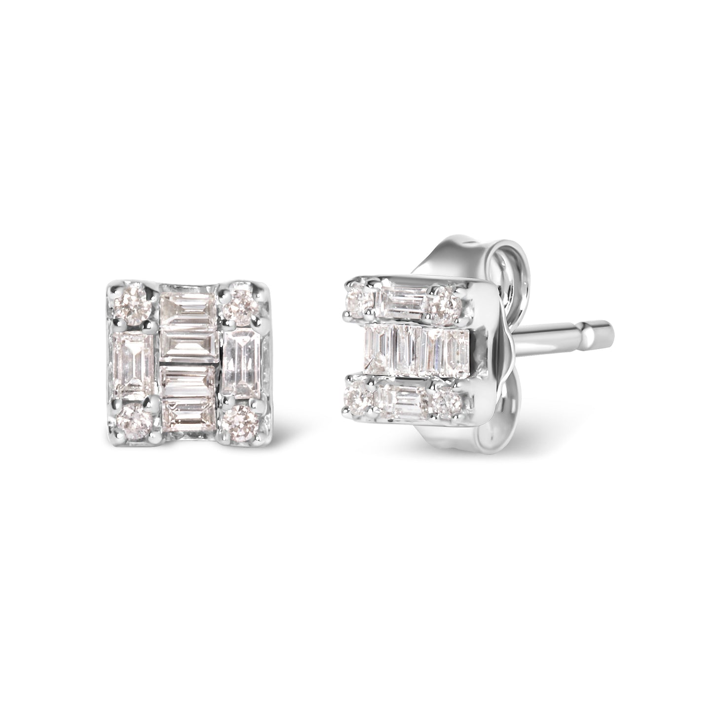 Pendientes de oro blanco de 10K con mosaico cuadrado de diamantes redondos y de baguette de 1/7 Cttw (color H-I, claridad I1-I2)