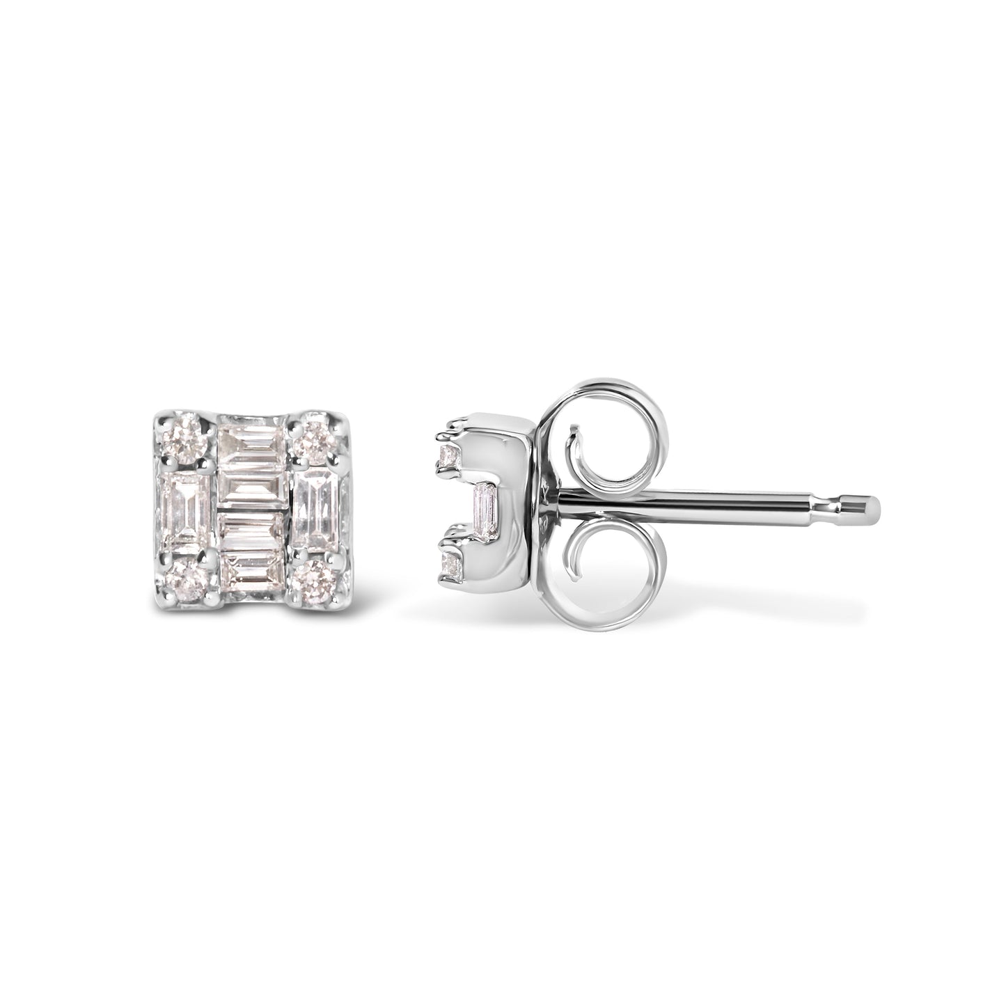 Pendientes de oro blanco de 10K con mosaico cuadrado de diamantes redondos y de baguette de 1/7 Cttw (color H-I, claridad I1-I2)