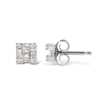 Pendientes de oro blanco de 10K con mosaico cuadrado de diamantes redondos y de baguette de 1/7 Cttw (color H-I, claridad I1-I2)