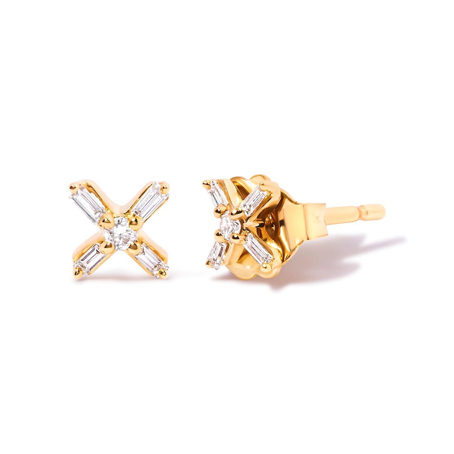 Pendientes de tuerca de oro amarillo de 10 quilates con diamantes redondos y de talla baguette de 1/10 Cttw en forma de X (color H-I, claridad I1-I2)