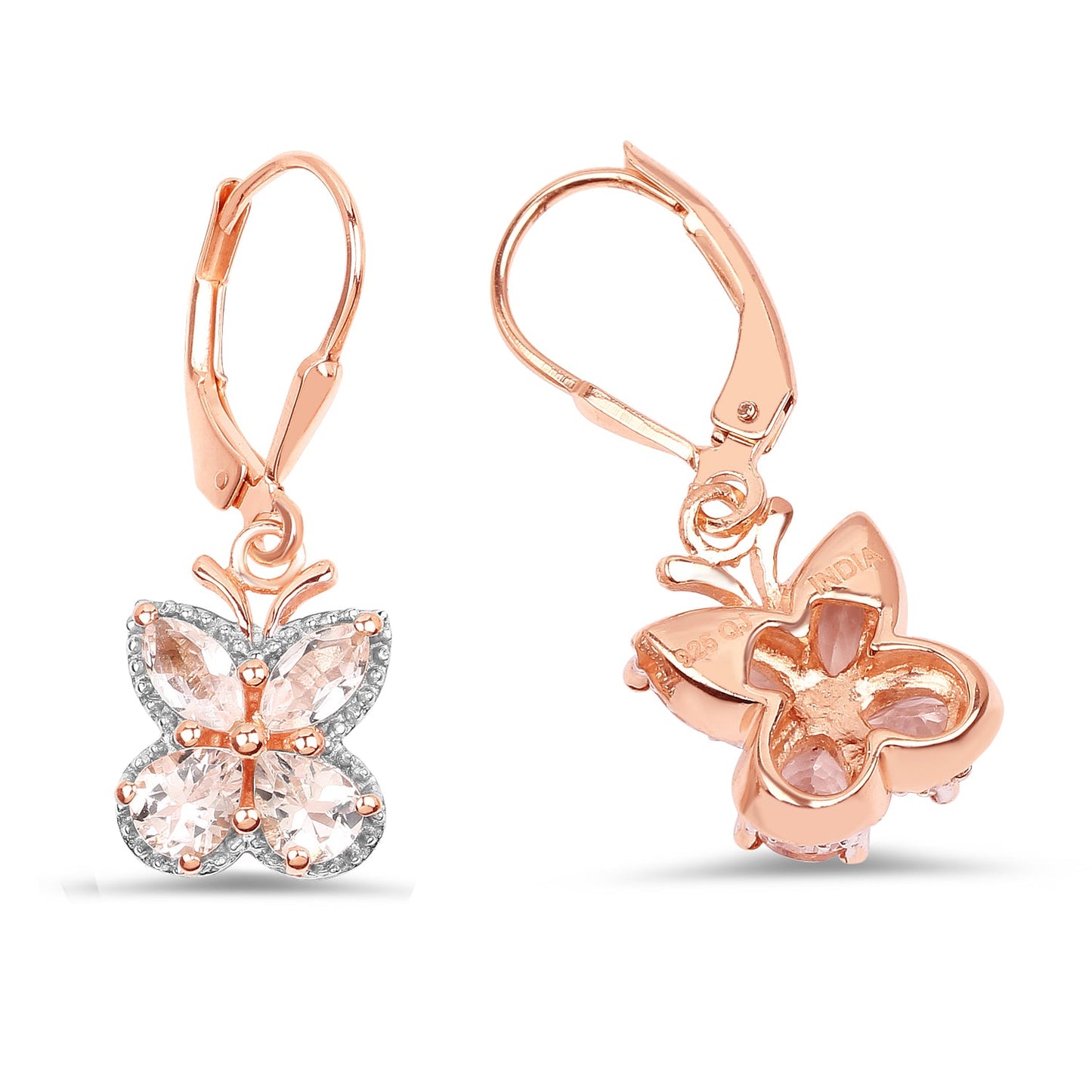 Aretes de plata esterlina .925 con morganita auténtica de 1.88 quilates bañados en oro rosa de 18K