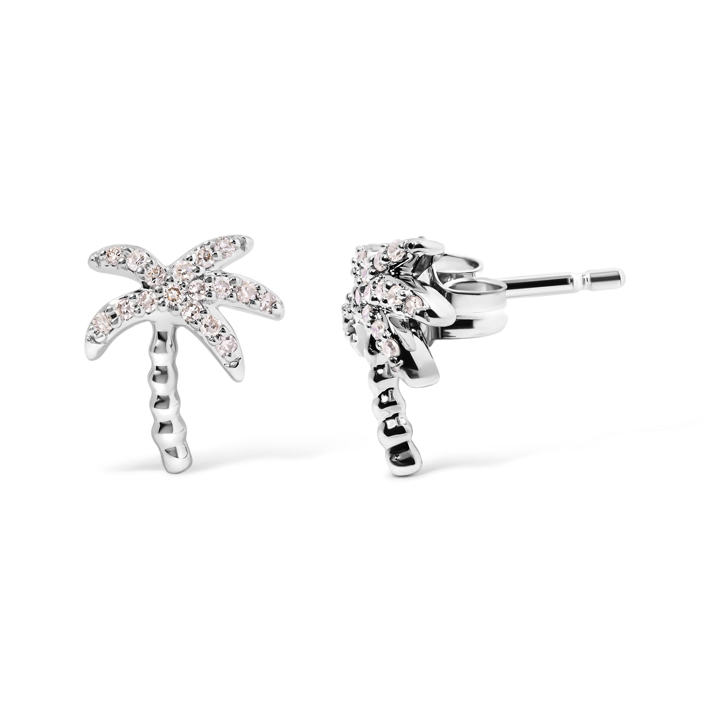Pendientes de tuerca de oro blanco de 10 quilates con diamantes de 1/10 quilate y palma (Color H-I, Claridad I1-I2)