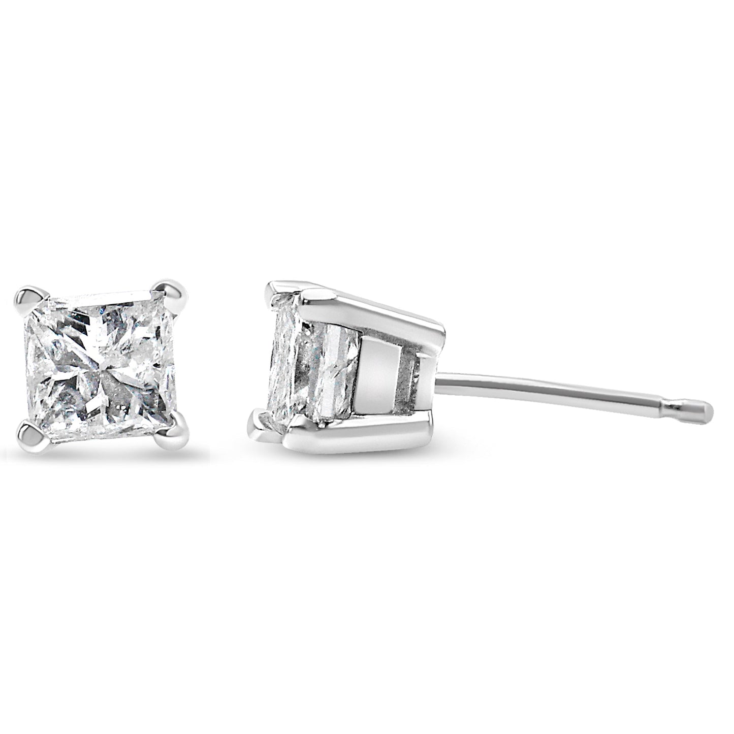 Pendientes de tuerca de oro blanco de 14k con certificación AGS, 1,0 Cttw, con diamante solitario talla princesa de 4 puntas y cierre a presión para mujer (color E-F, claridad I1-I2)