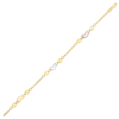 Tobillera de oro tricolor de 14k con estaciones de corazón multicolor