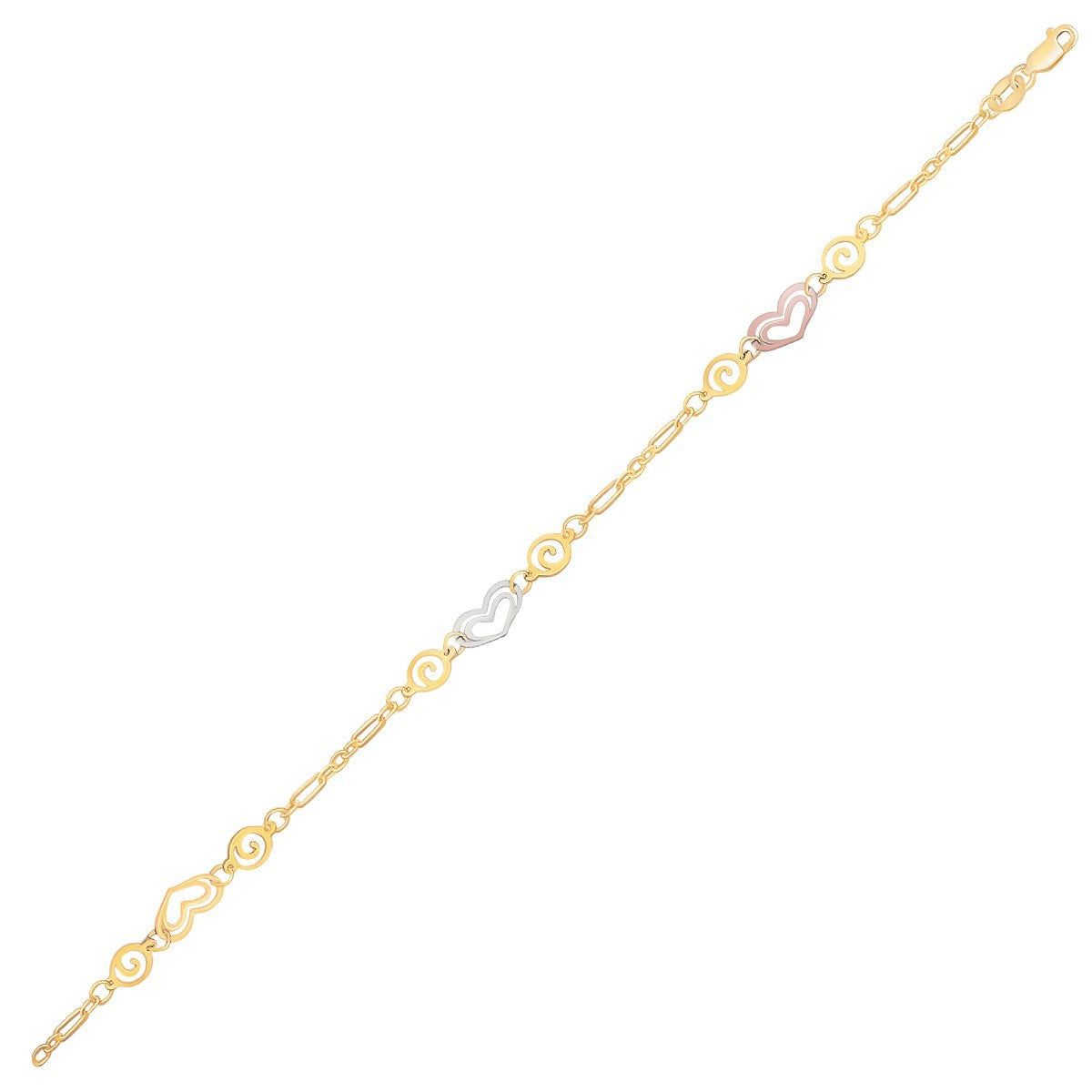 Tobillera de oro tricolor de 14k con estaciones de corazón multicolor