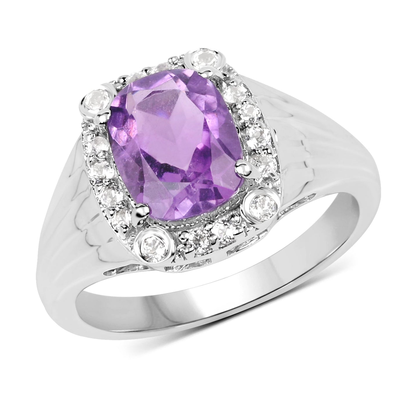 Anillo de plata de ley .925 con amatista genuina de 2.13 quilates y topacio blanco