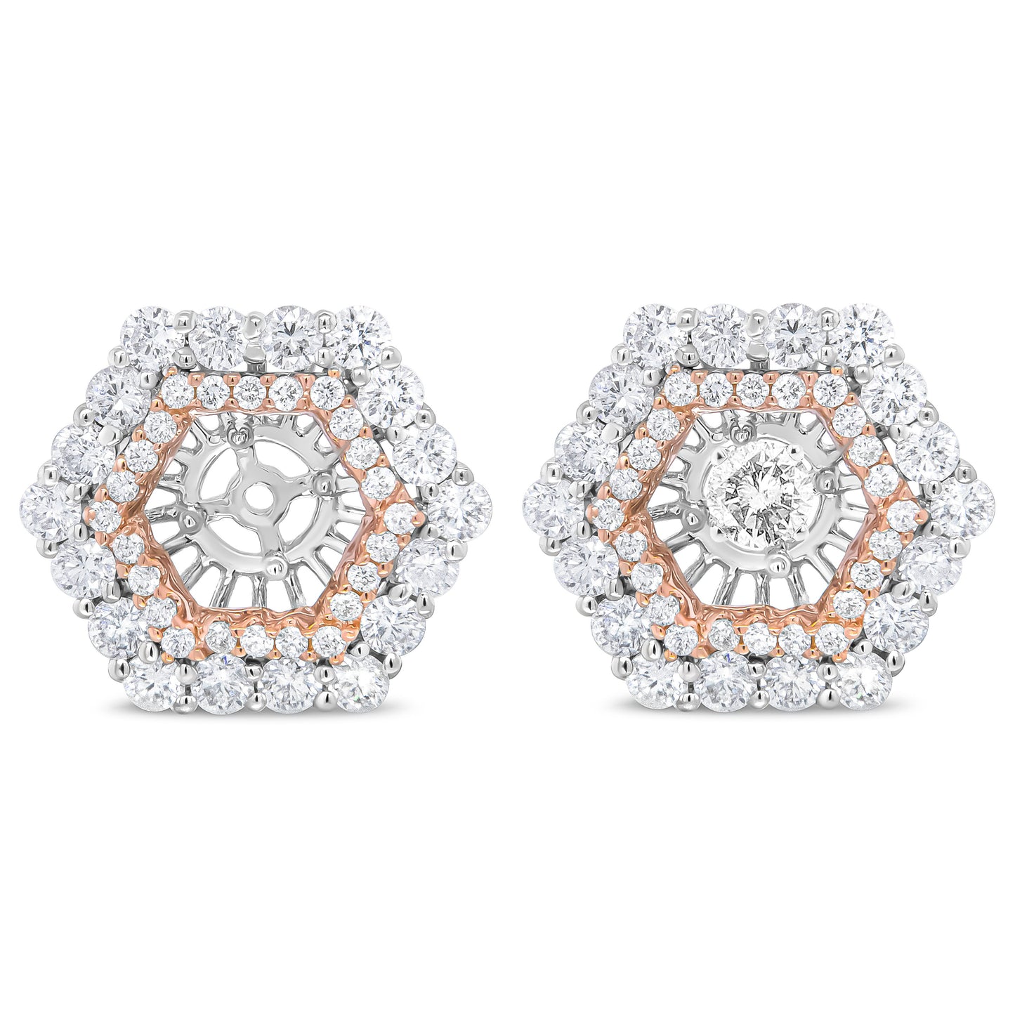 Anillo embellecedor para pendientes de tuerca redondos de 6 mm con doble halo de diamantes redondos de 1 7/8 Cttw de oro blanco y rosa de 14K (Color G-H, Claridad VS2-SI1)