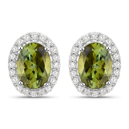 Pendientes de oro blanco de 14 quilates con turmalina verde auténtica de 1,92 quilates y diamantes blancos