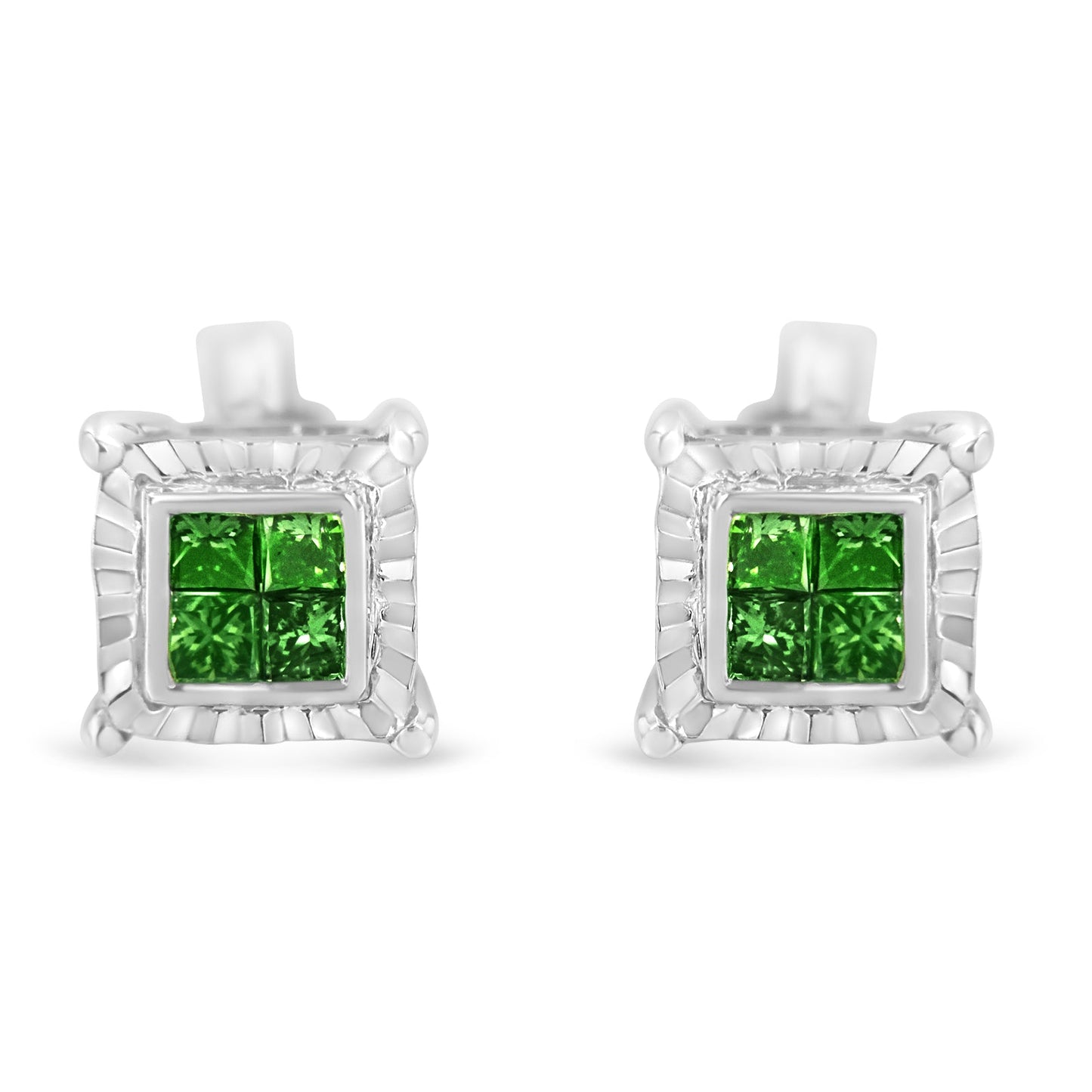 Pendientes de Plata de Ley con Diamantes de Princesa Tratados en Color (1/2 qt, Color Verde, Claridad I1-I2)