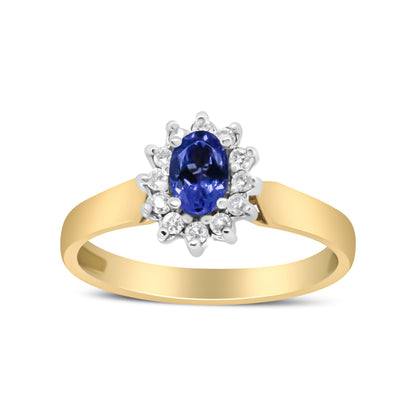 Anillo de Halo de Oro Amarillo de 14K con Diamantes Redondos de 1/5 Cttw y Tanzanita Azul Ovalada de 6x4mm (Color H-I, Claridad I1-I2) - Talla 7.75