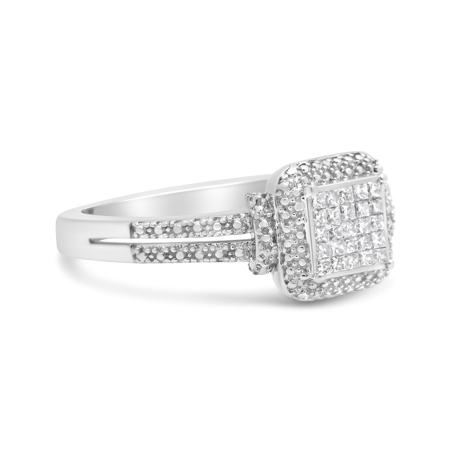 Anillo de plata de ley .925 con diamante de talla princesa de 1/4 Cttw y halo de cuentas (color H-I, claridad SI1-SI2) - Talla 7