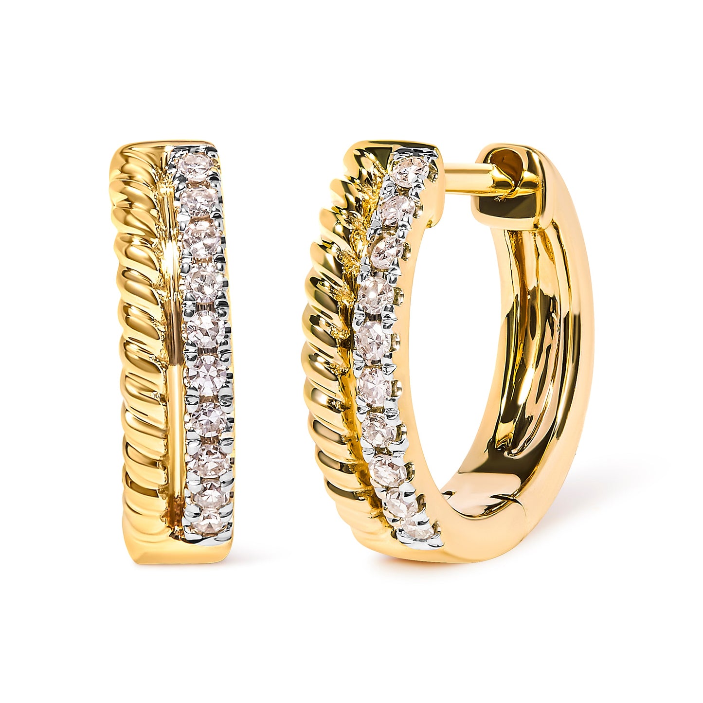 Pendientes de aro tipo Huggie de oro amarillo de 10K con diamante de 0,10 quilates en total y cuerda retorcida (color H-I, claridad I1-I2)