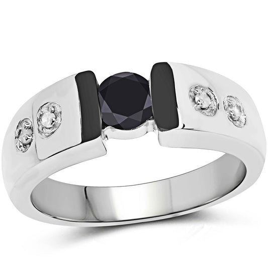 Anillo de Plata de ley .925 con Diamante Negro Genuino de 0.56 Quilates y Diamante Blanco