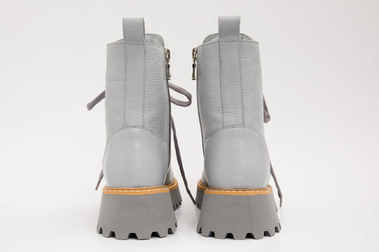 The Yildiz Gray Leather Lace-Up Ankle Women Boot With a Side Zipper