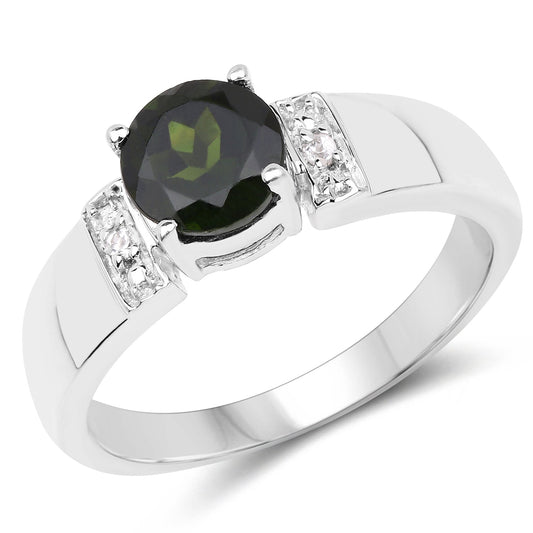 Anillo de plata esterlina 925 con diópsido de cromo genuino de 1.29 quilates y topacio blanco