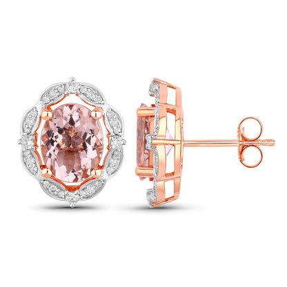 Pendientes de oro rosa de 14 quilates con morganita genuina de 3,52 quilates y diamantes blancos