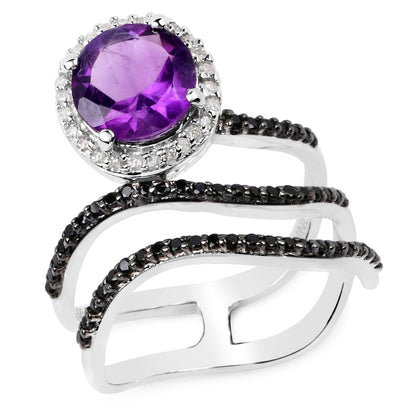 Anillo de Plata de Ley .925 con Amatista Genuina de 2.31 Quilates, Espinela Negra y Diamante Blanco