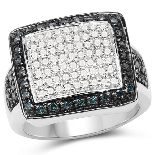 Anillo de plata de ley .925 con diamante blanco genuino y diamante azul de 0,64 quilates