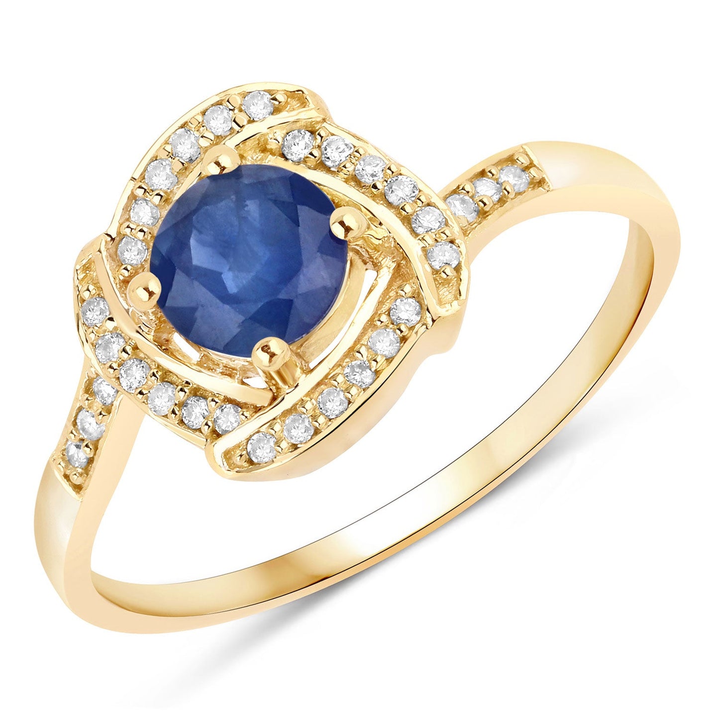 Anillo de oro amarillo de 14 quilates con zafiro azul auténtico de 0,73 quilates y diamante blanco