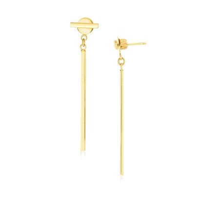 Pendientes colgantes modernos de disco y barra en oro amarillo de 14 quilates