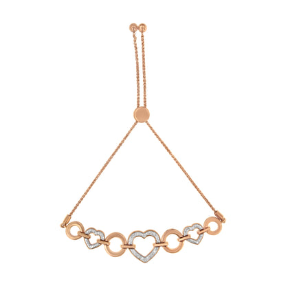Pulsera ajustable tipo bolo con eslabones de corazón y diamantes redondos de 1/10 Cttw de oro rosa de 10K sobre plata de ley .925 (color H-I, claridad I2-I3) - 6"-9" ajustable