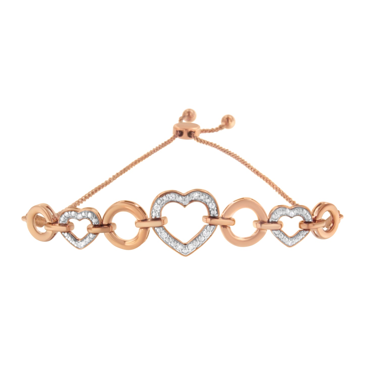 Pulsera ajustable tipo bolo con eslabones de corazón y diamantes redondos de 1/10 Cttw de oro rosa de 10K sobre plata de ley .925 (color H-I, claridad I2-I3) - 6"-9" ajustable
