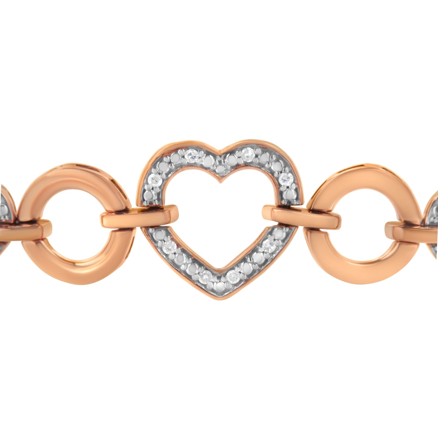 Pulsera ajustable tipo bolo con eslabones de corazón y diamantes redondos de 1/10 Cttw de oro rosa de 10K sobre plata de ley .925 (color H-I, claridad I2-I3) - 6"-9" ajustable