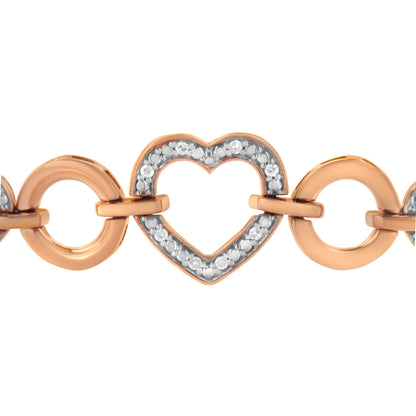 Pulsera ajustable tipo bolo con eslabones de corazón y diamantes redondos de 1/10 Cttw de oro rosa de 10K sobre plata de ley .925 (color H-I, claridad I2-I3) - 6"-9" ajustable