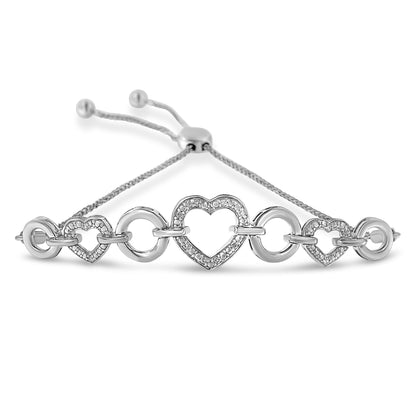 Pulsera de tenis de plata esterlina .925 con triple corazón entrelazado con acento de diamante de 4" a 10" ajustable (color H-I, claridad I2-I3)