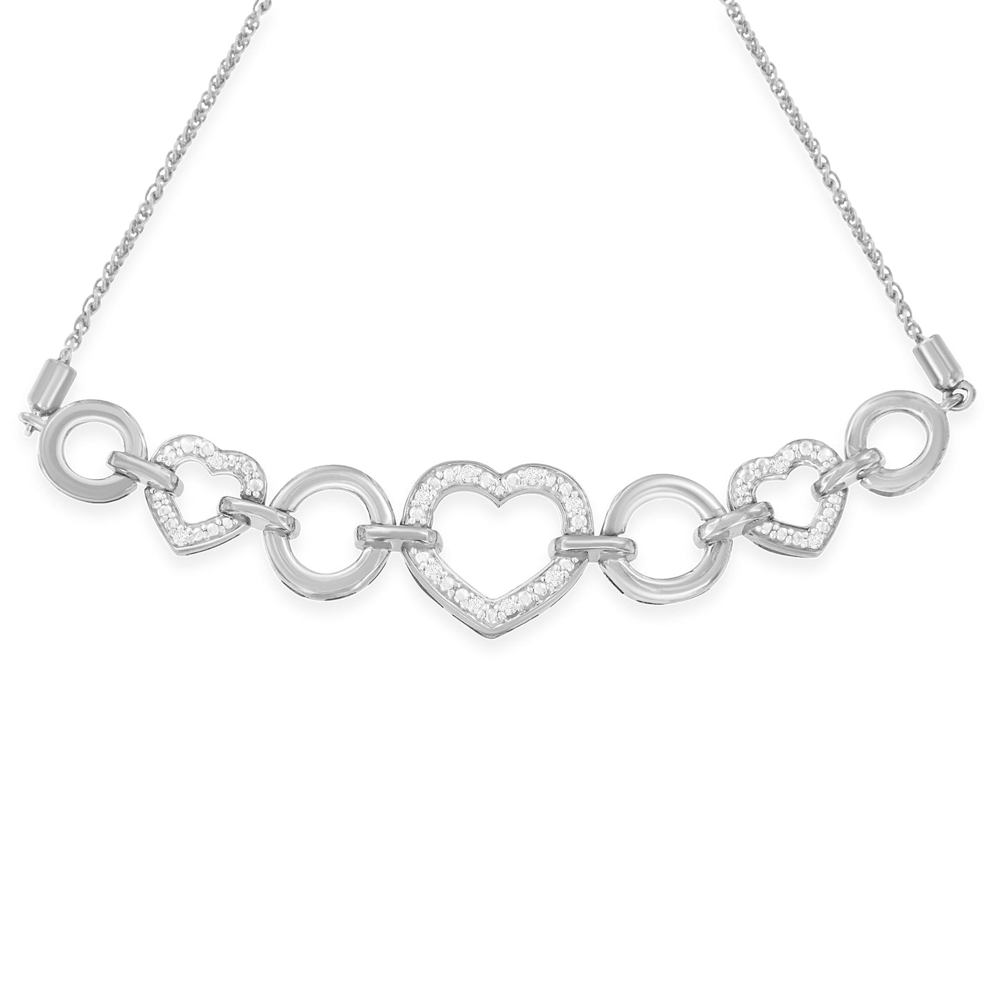 Pulsera de tenis de plata esterlina .925 con triple corazón entrelazado con acento de diamante de 4" a 10" ajustable (color H-I, claridad I2-I3)