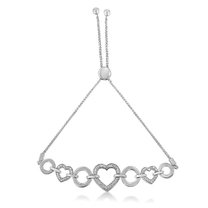 Pulsera de tenis de plata esterlina .925 con triple corazón entrelazado con acento de diamante de 4" a 10" ajustable (color H-I, claridad I2-I3)