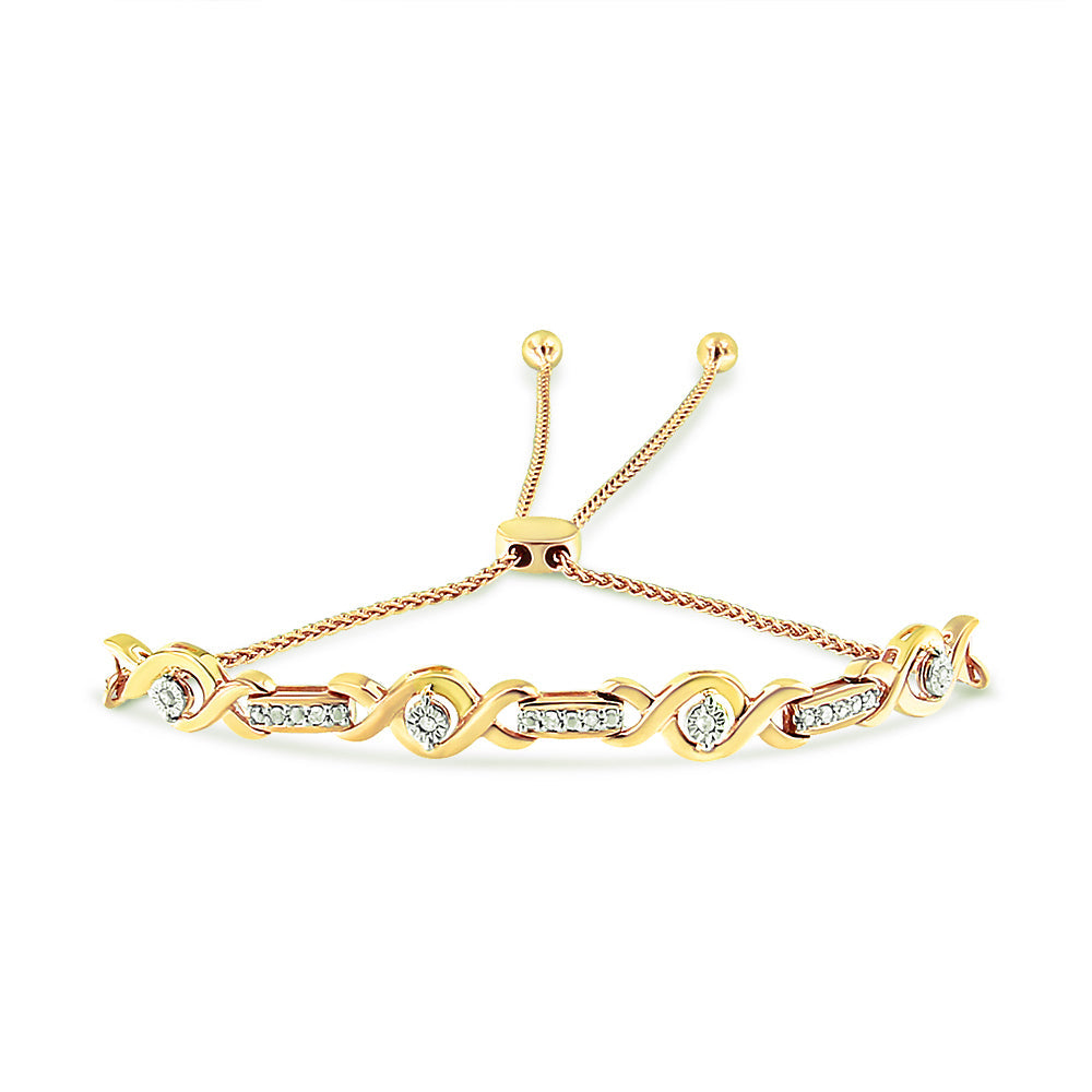 Pulsera Bolo Ajustable de 4 a 10 Pulgadas con Acentos de Diamante Engastados en Canal de Plata de Ley .925 Chapada en Oro Amarillo de 14K (Color I-J, Claridad I3)
