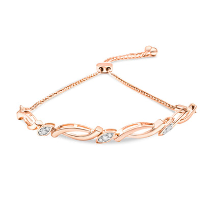 Pulsera de bolo con eslabones giratorios alternos de plata de ley .925 bañada en oro rosa de 14K con diamante de 1/10 Cttw (color I-J, claridad I2-I3) - Ajustable de 6" a 9"