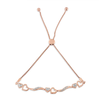 Brazalete bolo ajustable de 4 a 10 pulgadas con onda y corazones de diamante de 1/10 Cttw en plata de ley .925 chapada en oro rosa de 14 quilates (color I-J, claridad I3)