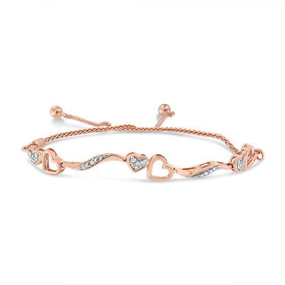 Brazalete bolo ajustable de 4 a 10 pulgadas con onda y corazones de diamante de 1/10 Cttw en plata de ley .925 chapada en oro rosa de 14 quilates (color I-J, claridad I3)