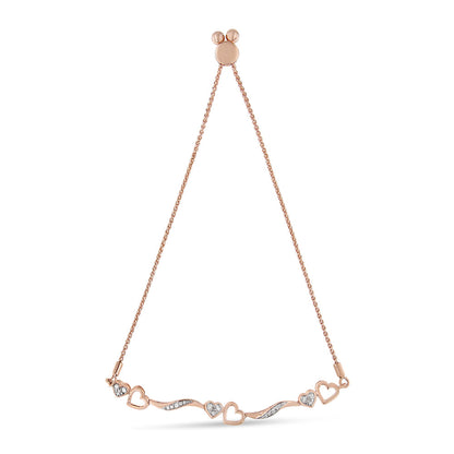 Brazalete bolo ajustable de 4 a 10 pulgadas con onda y corazones de diamante de 1/10 Cttw en plata de ley .925 chapada en oro rosa de 14 quilates (color I-J, claridad I3)