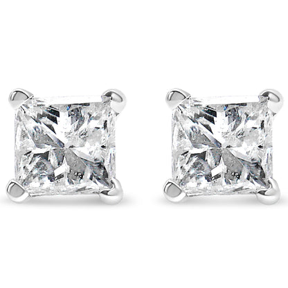 Aretes de oro blanco de 14K con diamante de talla princesa de 2/5 Cttw, montura de 4 puntas y solitario, certificados por AGS (color L-M, claridad I1-I2)