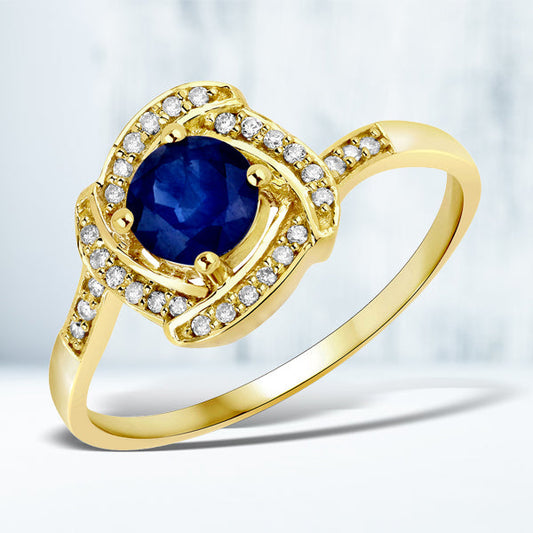 Anillo de oro amarillo de 14 quilates con zafiro azul auténtico de 0,73 quilates y diamante blanco