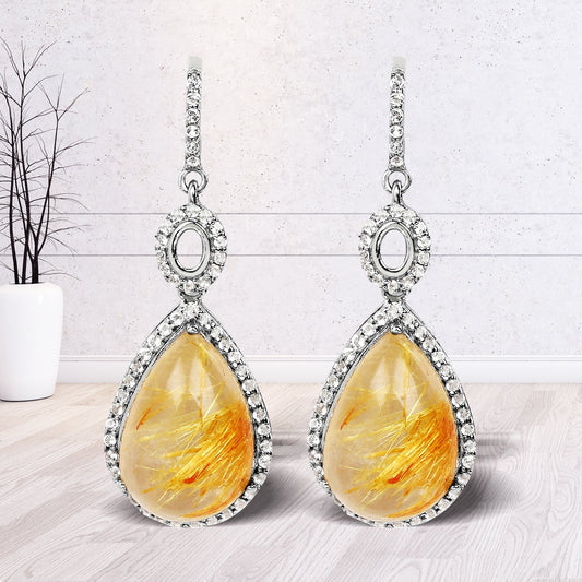 Pendientes de plata de ley .925 con rutilo dorado genuino y topacio blanco de 10.04 quilates