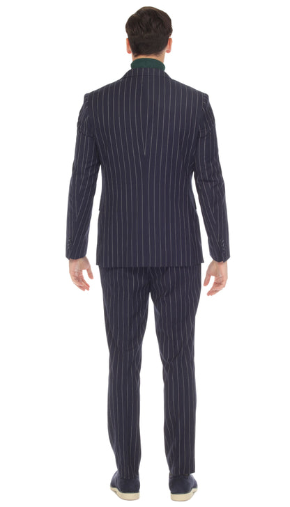 Bellagio Navy White Mens 6 Button Slim Peak Lapel Suit With Double Breasted Suit Pick Stitching Ticket Pocket.