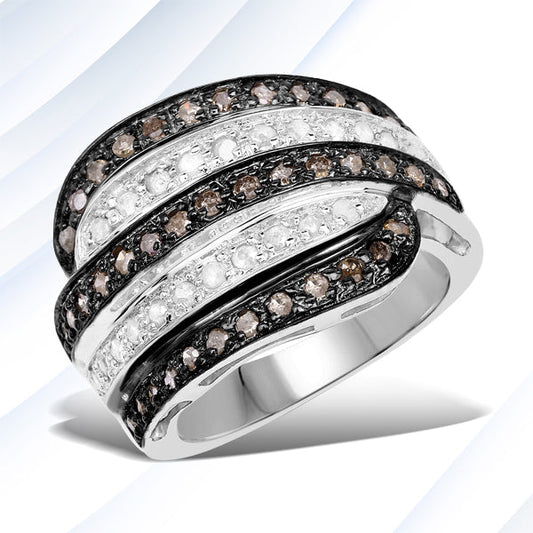 Anillo de plata de ley .925 con diamantes marrones y blancos auténticos de 0.80 quilates