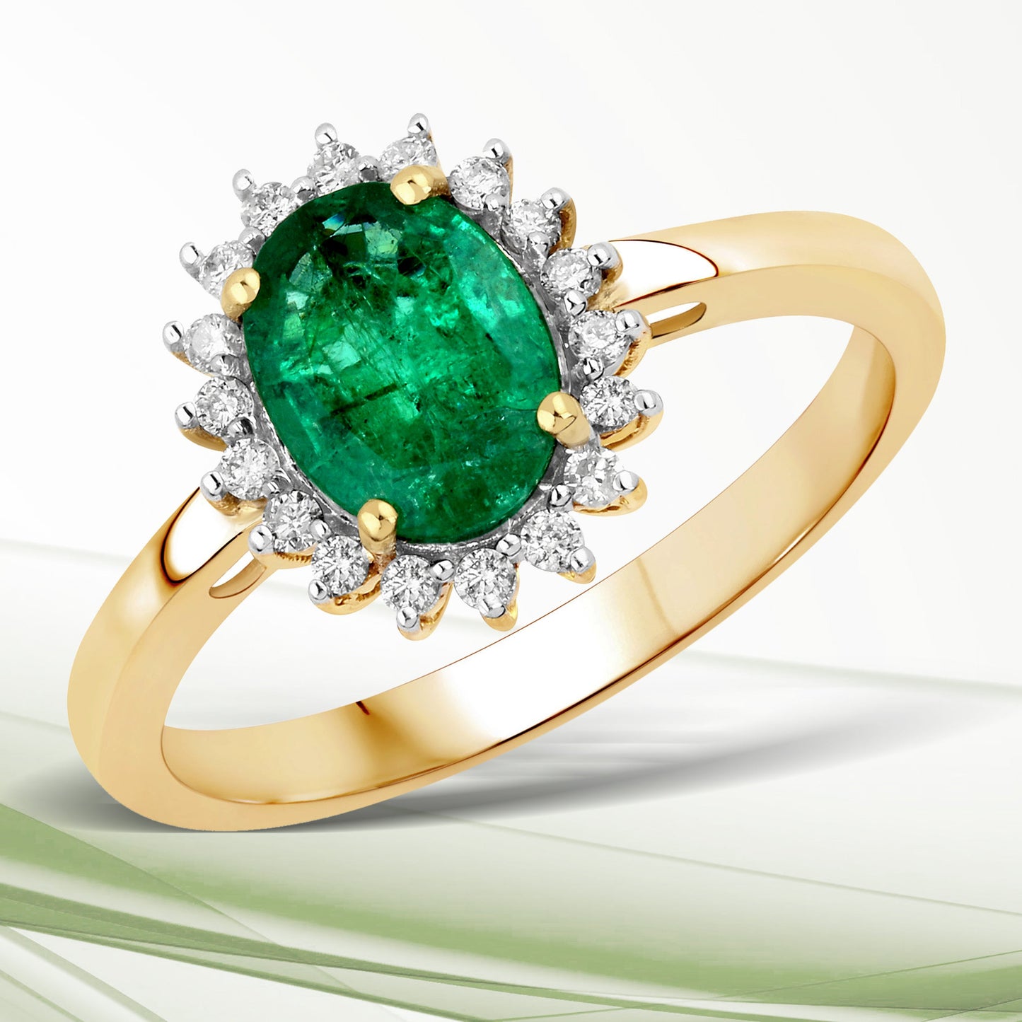 Anillo de oro amarillo de 14 quilates con esmeralda zambiana auténtica de 1,34 quilates y diamantes blancos