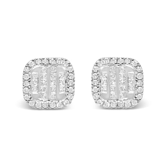 Pendientes de tuerca de oro blanco de 10K con diamantes de 1/2 Cttw engaste invisible, diseño de conjunto y halo (color H-I, claridad I1-I2)