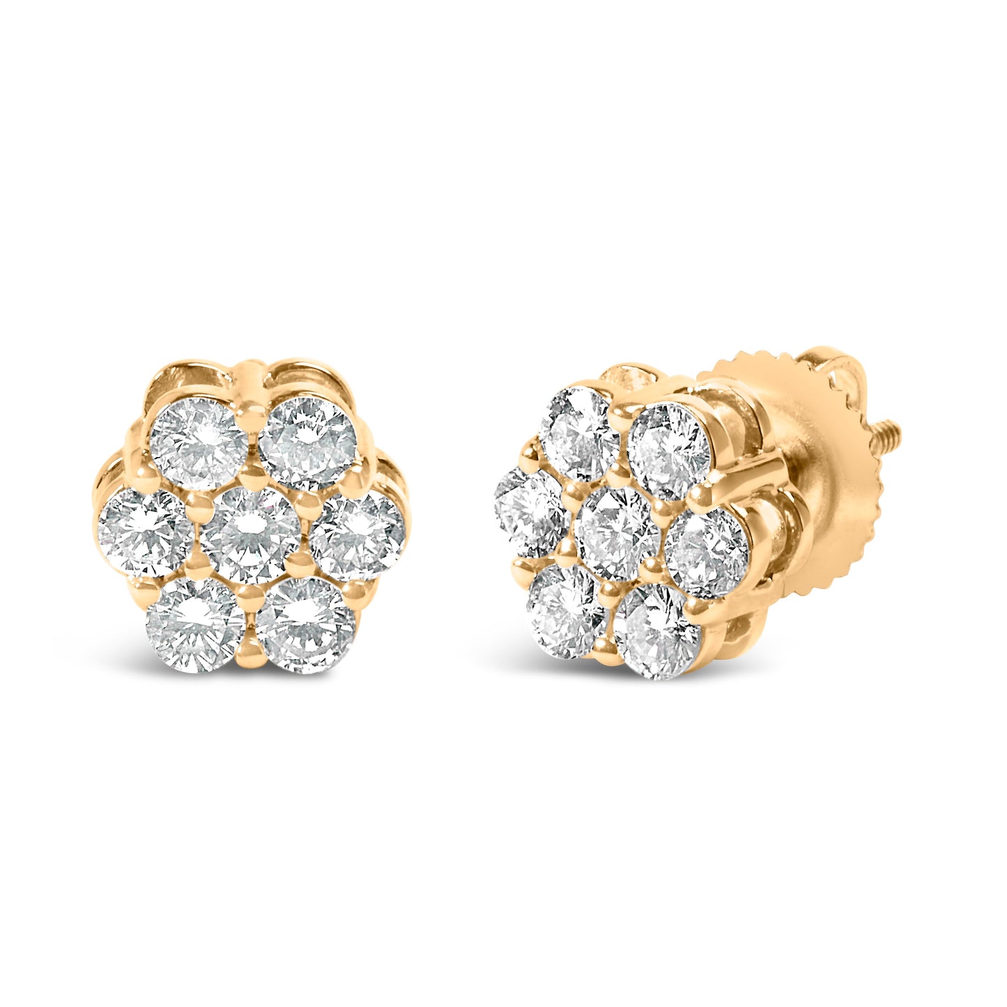 Pendientes de botón de oro amarillo de 14 quilates con grupo floral de 7 diamantes de talla redonda brillante de 3/4 Cttw con cierres de rosca (color I-J, claridad SI2-I1)