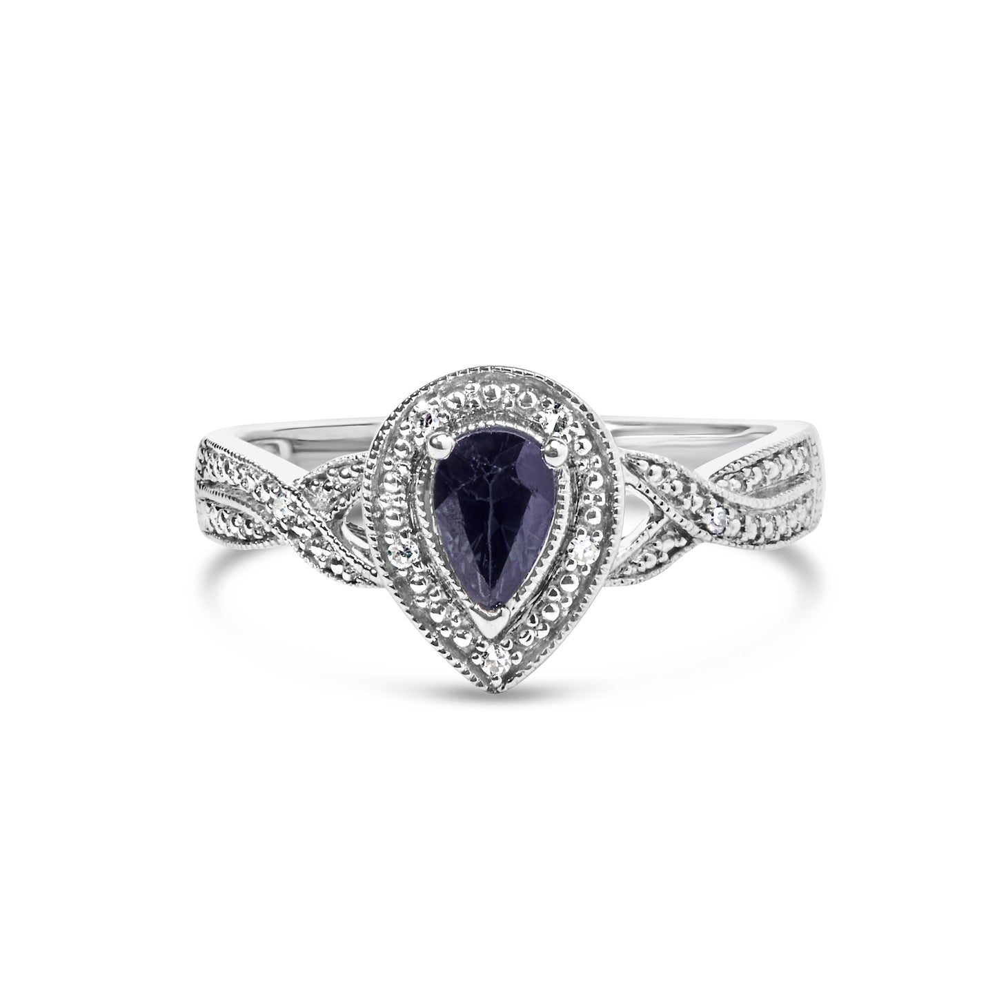 Anillo tipo halo de plata de ley .925 con gema de zafiro en forma de pera de 6x4 mm y acento de diamante (color H-I, claridad SI1-SI2) - Talla 7